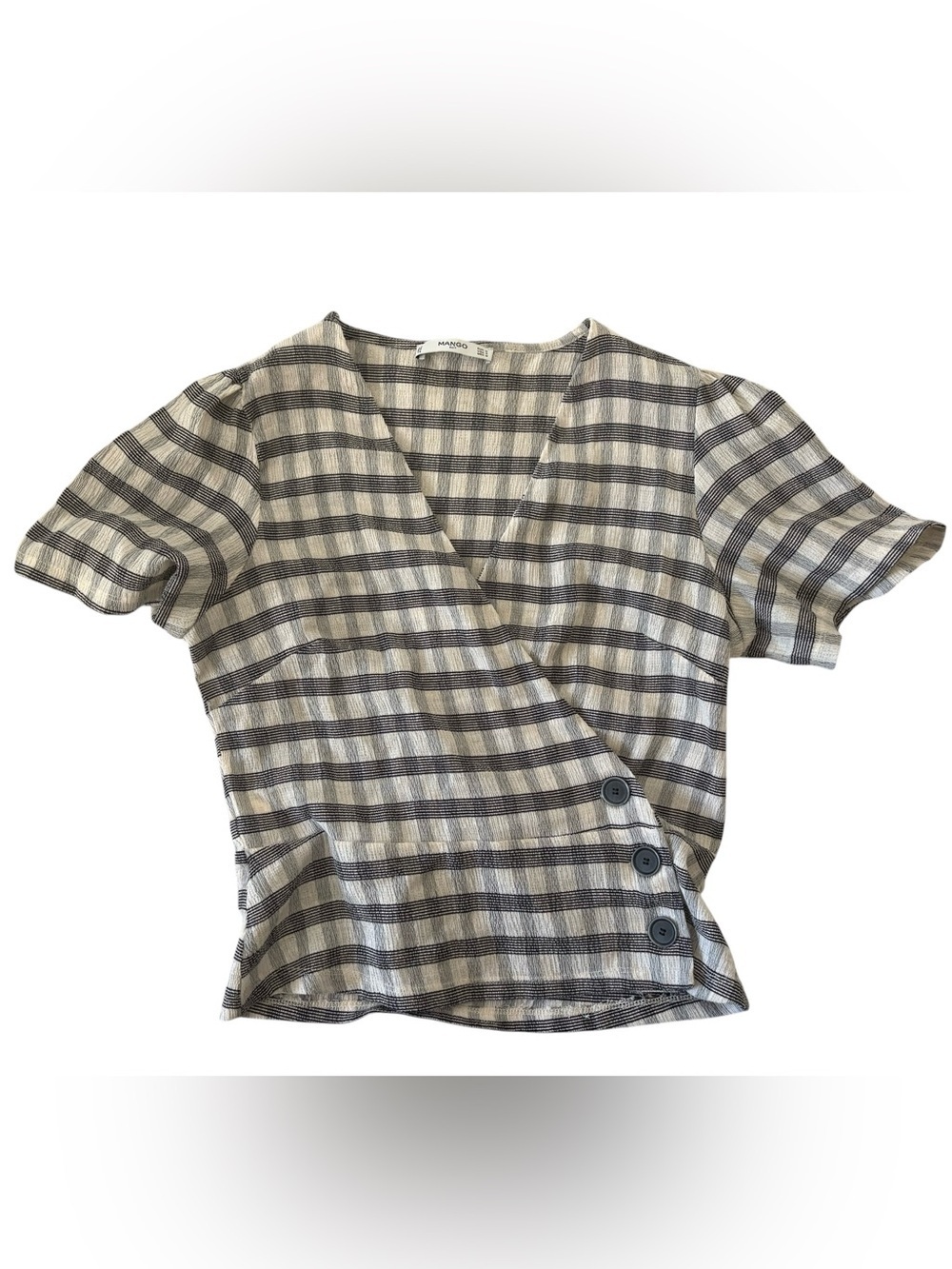 Mango Plaid Peplum Wrap Top Blouse Plaid Short Sleeve 💕